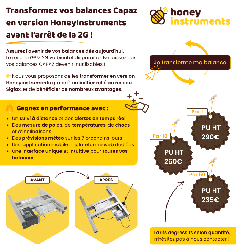 Transformez vos balances apicoles CAPAZ en version HoneyInstruments pour assurer le suivi à distance et la continuité de vos données.